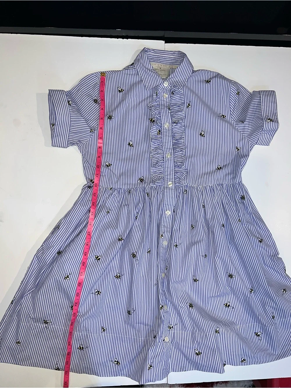 Kate Spade 100% cotton Striped Ruffle-Front Dress with pockets & Bee pattern XS